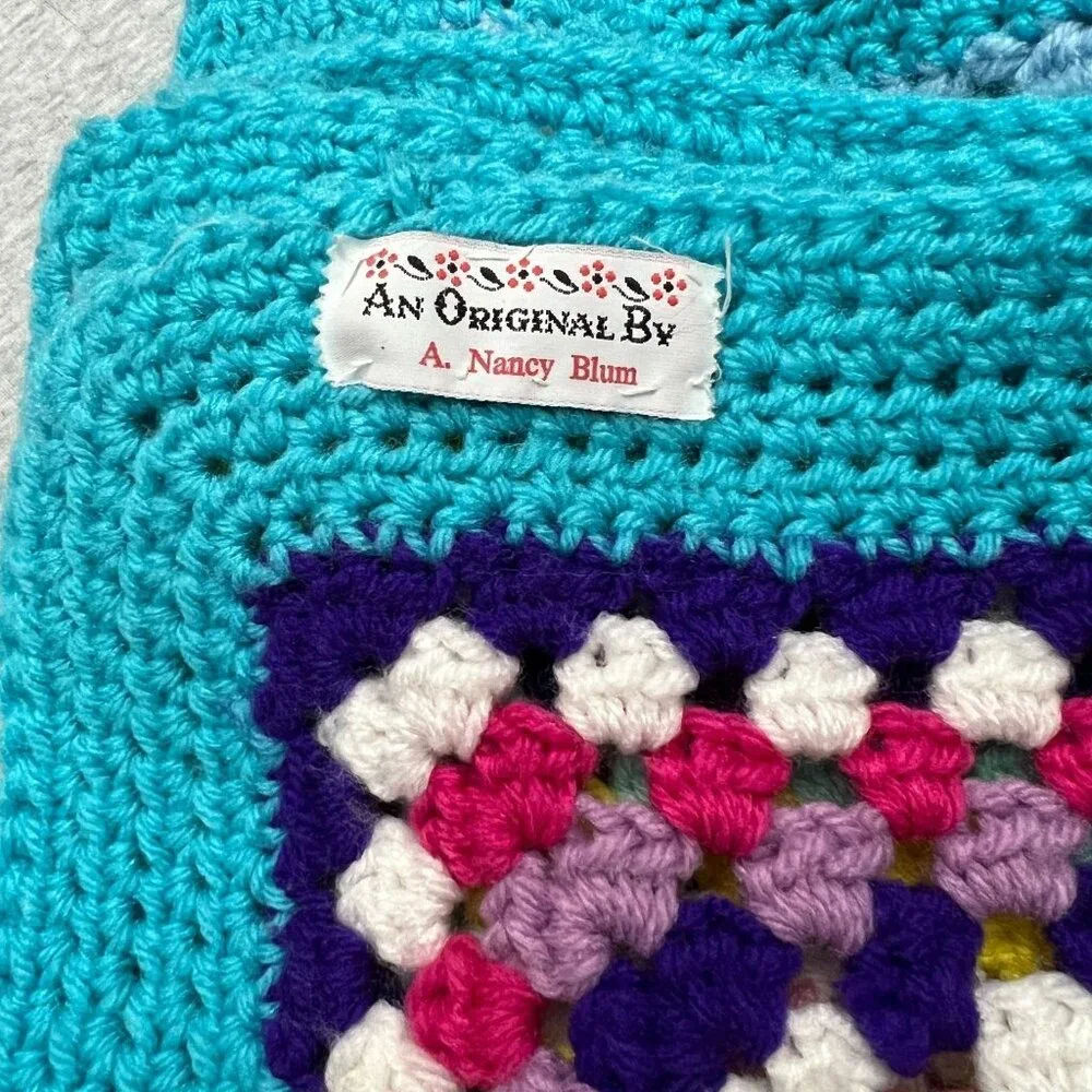 Boho‎ Y2K Crochet Granny Square Afghan Blanket Handmade Turquoise Rainbow 42x45